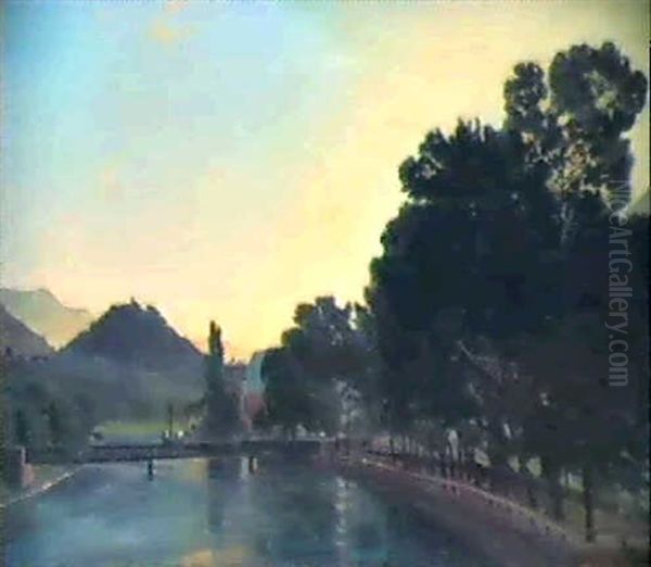 Die Aare Bei Interlaken Mit Dem Burghugel Von Ringgenberg - Ein Morgen In Interlaken Oil Painting by Ferdinand Hodler