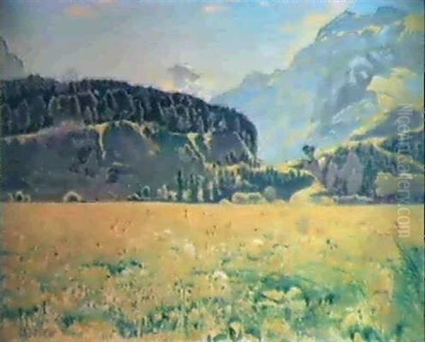 Landschaft Bei Interlaken, Mit Blick Auf Monch Und Jungfrau - Sommerlandschaft Bei Interlaken Oil Painting by Ferdinand Hodler