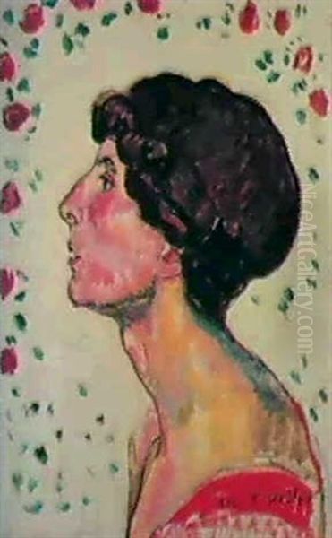 Portrait Valentine Gode Darel Im Profil Nach Links, Mit     Rosen Oil Painting by Ferdinand Hodler