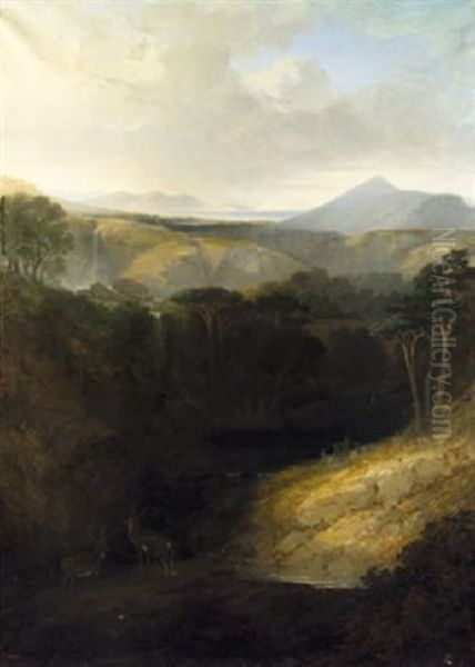 The Waterfall At Powerscourt & Sugar Loaf With Extensive View Towards Dalkey Island Oil Painting by George Frederick (Sir) Hodson