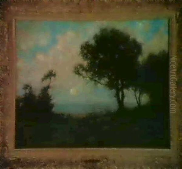 Pastoral Landscape Of Meadow, Trees, Moon And Sky Oil Painting by Arthur Hoeber