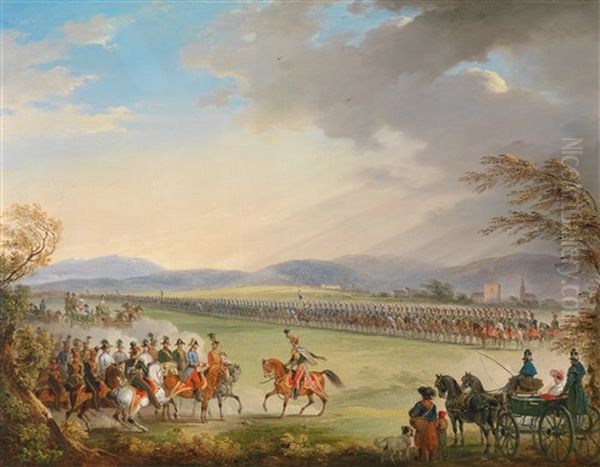 Kaiser Franz I. Inspiziert In Baden Bei Wien Das Husarenregiment No. 8 General Der Kavallerie Herzog Ferdinand Von Sachsen-coburg Und Nimmt Die Meldung Des Kommandeurs Oberst Graf Vinzenz Esterhazy Entgegen Oil Painting by Johann Nepomuk Hoechle