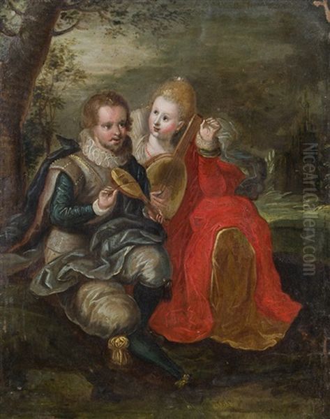 Couple Making Music Oil Painting by Gaspar van den Hoecke