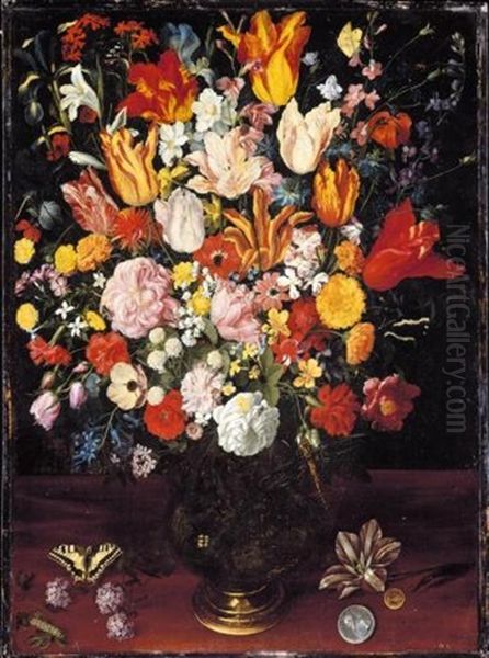 A Still Life Of Tulips, Pink Peonies And Other Flowers In A Vase Resting On A Wooden Surface With A Caterpillar A Butterfly And Coins Oil Painting by Gaspar van den Hoecke