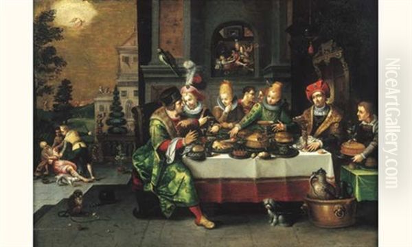 Scene De Banquet : Lazare Et Le Mauvais Riche Oil Painting by Gaspar van den Hoecke