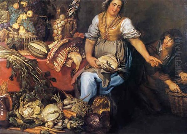 Bodegon Con Dos Personajes, Canasta De Frutas Y Verduras Oil Painting by Gaspar van den Hoecke