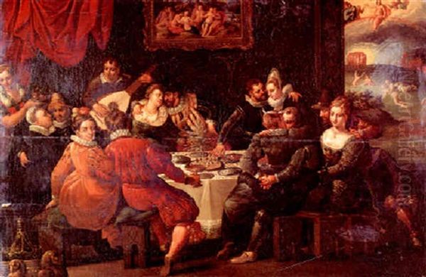 An Elegant Party At A Banquet Oil Painting by Gaspar van den Hoecke