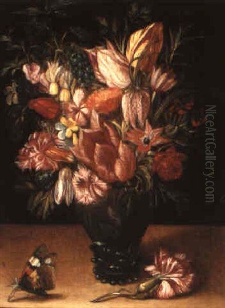 A Still Life Of Flowers In A Glass Vase With A Butterfly On A Ledge Oil Painting by Gaspar van den Hoecke