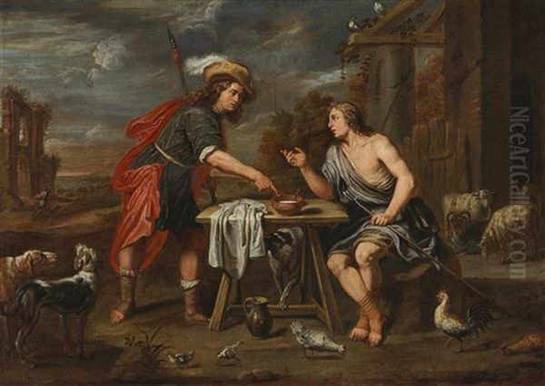 Two Conversing Shepherds Oil Painting by Jan van den Hoecke