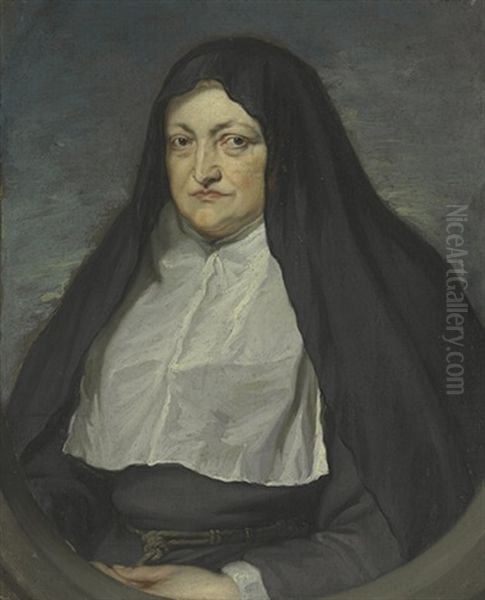 Portrait Of Archduchess Isabella Clara Eugenia, Regent Of The Southern Netherlands (1566-1633), Half-length, As A Nun, In A Painted Oval Oil Painting by Jan van den Hoecke