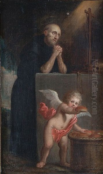 A Saint In Prayer With Angel Distributing Bread Oil Painting by Jan van den Hoecke