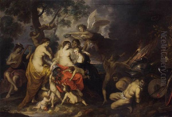 An Allegory Of Peace: Pax Crowned By Victory With Abundantia, Concordia, And Justicia Nearby, Mercury Playing The Lute On The Left Oil Painting by Jan van den Hoecke