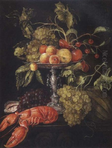 Nature Morte A La Coupe De Fruits Et Homard Oil Painting by Jan van den Hoecke