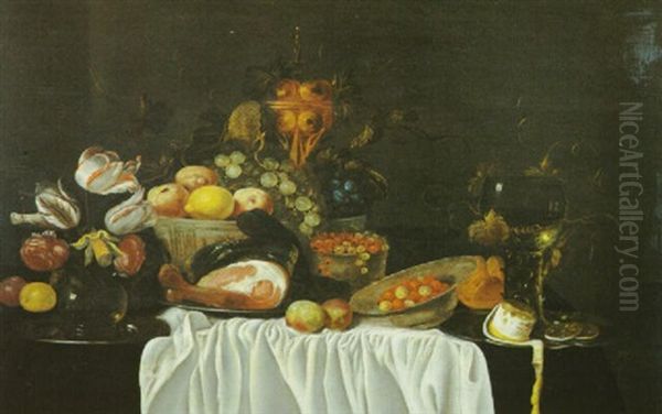 Nature Morte A La Corbeille De Fruits, Vase De Fleurs Et Pieces D'orfevrerie Disposes Sur Une Table Oil Painting by Jan van den Hoecke