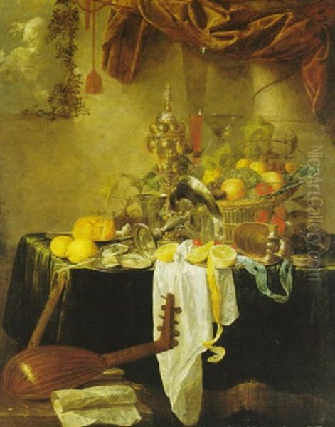 Still Life Of A Basket Of Fruit, An Overturned Tazza, A Giltcovered Cup, A Nautilus Shell, Lemons And Other Objects... Oil Painting by Jan van den Hoecke