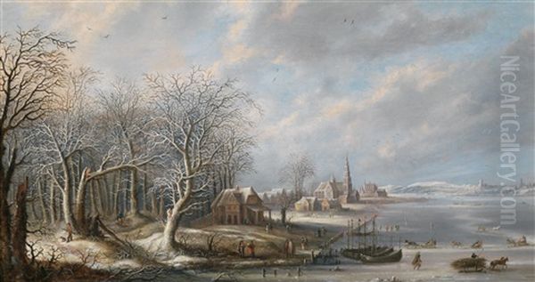 Winterlandschaft Mit Einer Stadt Und Einem Zugefrorenen Gewasser Oil Painting by Robert van den Hoecke