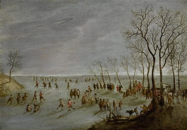 Winterlandschaft Mit Schlittschuhlaufern Auf Zugefrorenem Fluss Oil Painting by Robert van den Hoecke