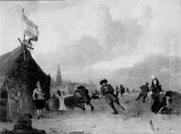 Figures Skating On Ice Near A Dutch Town Oil Painting by Robert van den Hoecke