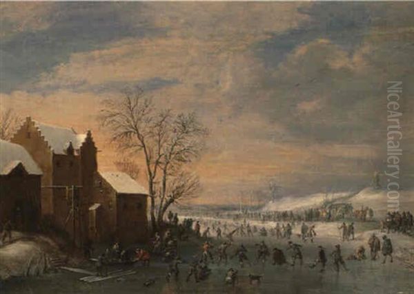 A Winter Lancscape With Skaters On A Frozen River Oil Painting by Robert van den Hoecke