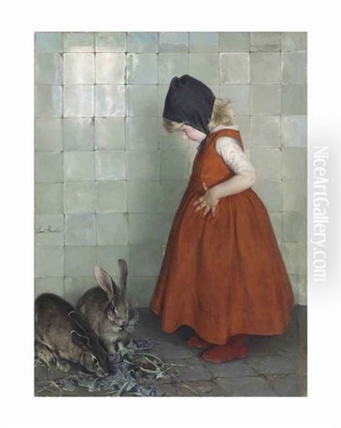 Feeding The Rabbits Oil Painting by Paul Hoecker