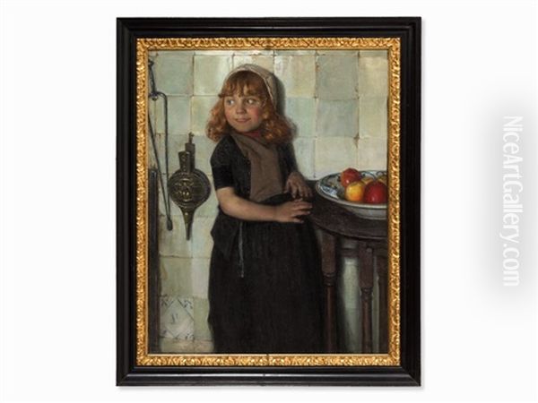 Girl With Apples Oil Painting by Paul Hoecker