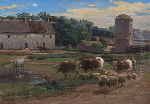 The Barnyard Oil Painting by Leon Barillot