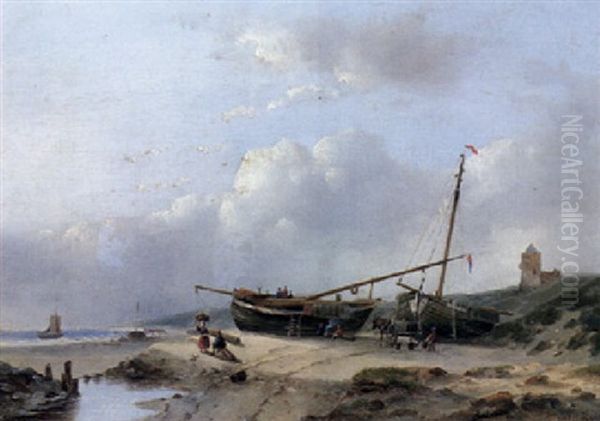 A Beachscene With Moored Vessels On The Shore Oil Painting by Jan Hendrik Willem Hoedt