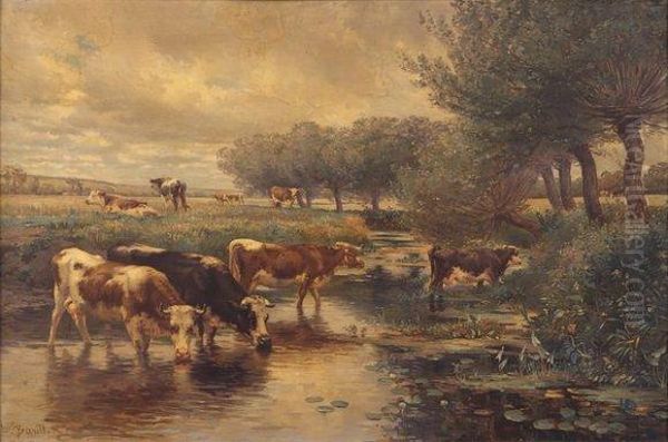  Vaches Pres D'un Ruisseau  Oil Painting by Leon Barillot