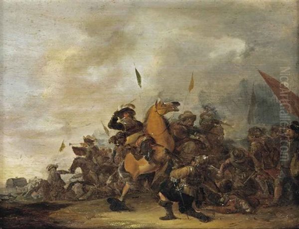 A Battle Scene With An Engagement Between Cavalry And Foot Soldiers Oil Painting by Abraham van der Hoef