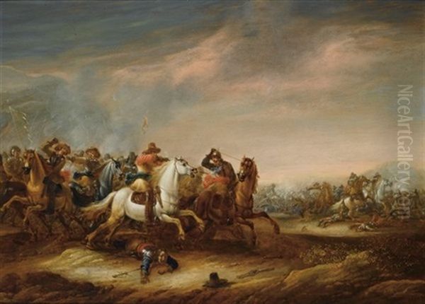 A Cavalry Battle Scene Oil Painting by Abraham van der Hoef