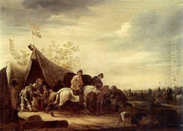 An Encampment With Soldiers Near A Tent And Horsemen Nearby, Other Soldiers And Cavalry In The Background Oil Painting by Abraham van der Hoef