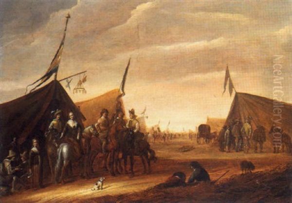 A Military Encampment With Soldiers And Female Company On Horseback Oil Painting by Abraham van der Hoef