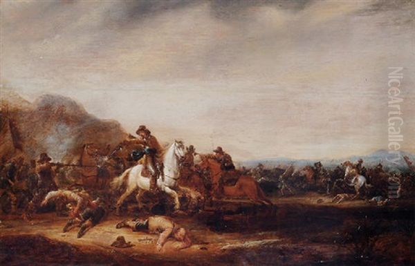 A Cavalry Skirmish On An Italianate Plain Oil Painting by Abraham van der Hoef