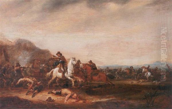 A Cavalry Skirmish On An Italianate Plain Oil Painting by Abraham van der Hoef