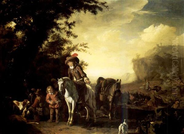 An Elegant Huntsman Taking Refreshment From A Boy, A Hunting Party Cornering A Bull Beyond Oil Painting by Abraham van der Hoef