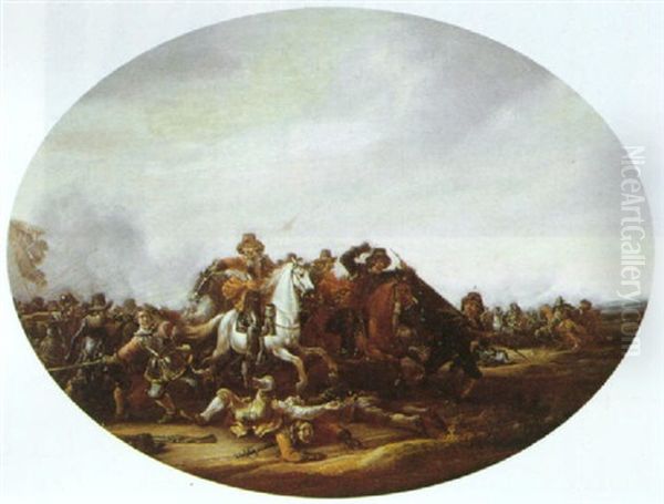 A Skirmish Between Cavalry And Infantry On A Plain Oil Painting by Abraham van der Hoef