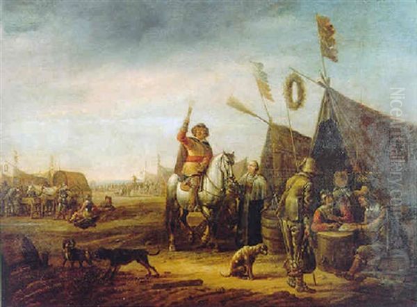 An Encampment Scene With A Cavalry Officer Taking Refreshment, Soldiers Playing Cards And Numerous Other Figures Oil Painting by Abraham van der Hoef