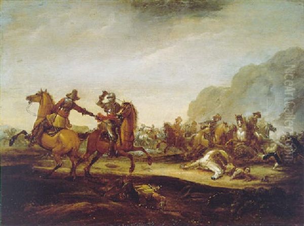 A Cavalry Skirmish In An Italianate Landscape Beside A Rocky Outcrop Oil Painting by Abraham van der Hoef