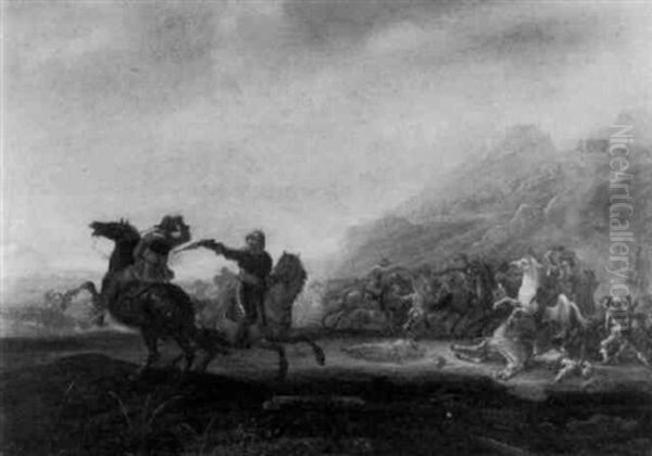 A Calvary Skirmish In A Mountainous Landscape Oil Painting by Abraham van der Hoef