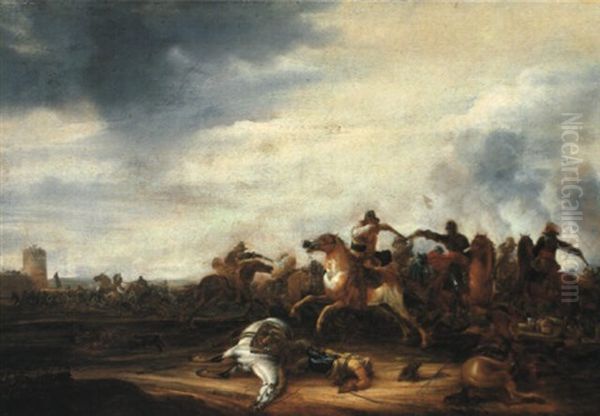 Cavalry Skirmish Near A Fort Oil Painting by Abraham van der Hoef