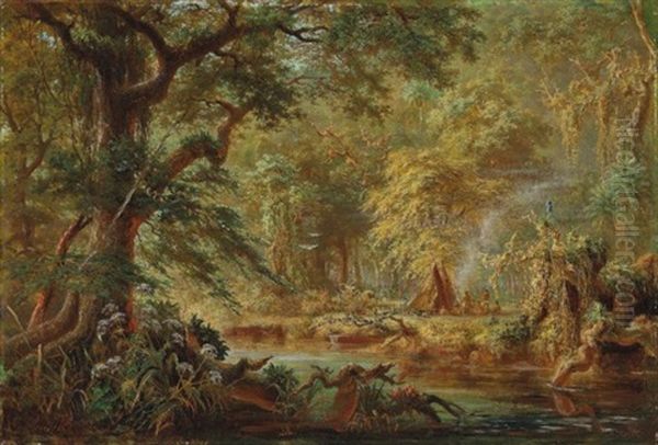 Brazilian Indian Camp Beside A River In The Rainforest Oil Painting by Johann Adolf Hoeffler