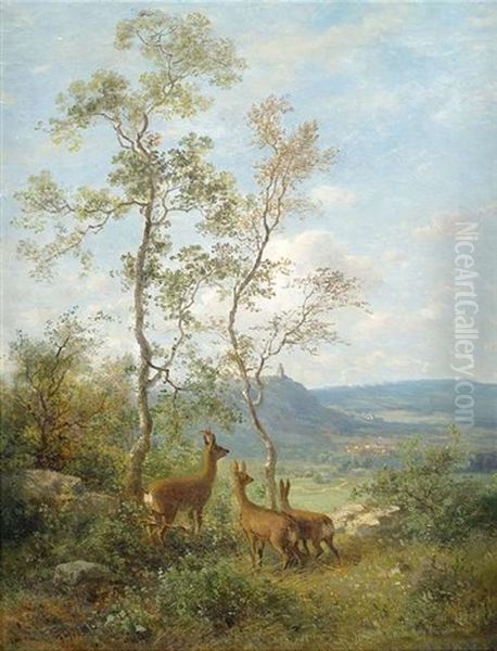 Drei Rehe Auf Einer Anhohe Vor Weiter Taunuslandschaft, Im Hintergrund Blick Auf Burg Falkenstein Oil Painting by Johann Adolf Hoeffler