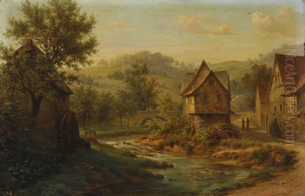 Partie In Einem Dorf An Einem Kleinen Fluss Oil Painting by Johann Adolf Hoeffler