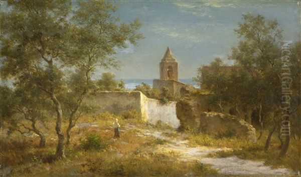 Italienische Kustenlandschaft Mit Kapelle Oil Painting by Johann Adolf Hoeffler