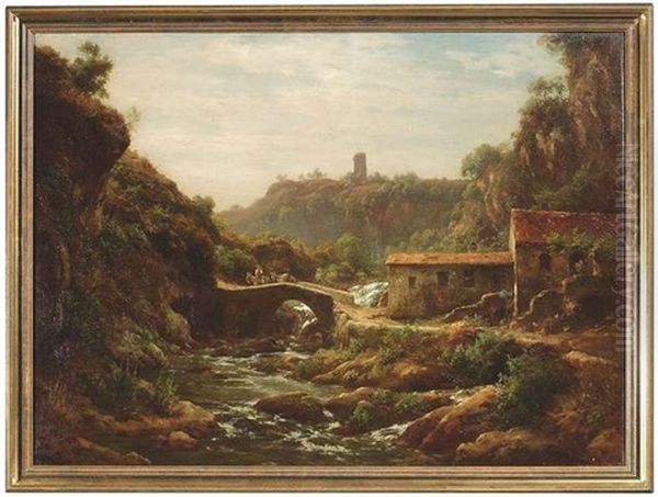 Sudlandische Landschaft Mit Einem Bauerngehoft An Einer Bogenbrucke Oil Painting by Johann Adolf Hoeffler