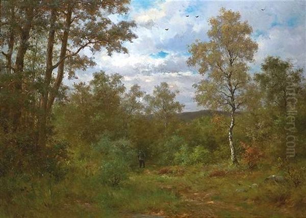 Landschaft Mit Jager. Spatsommerliche Waldlichtung Im Taunus Oil Painting by Johann Adolf Hoeffler