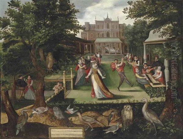 Elegantly Dressed Figures Merrymaking In A Garden Oil Painting by Joris (George) Hoefnagel