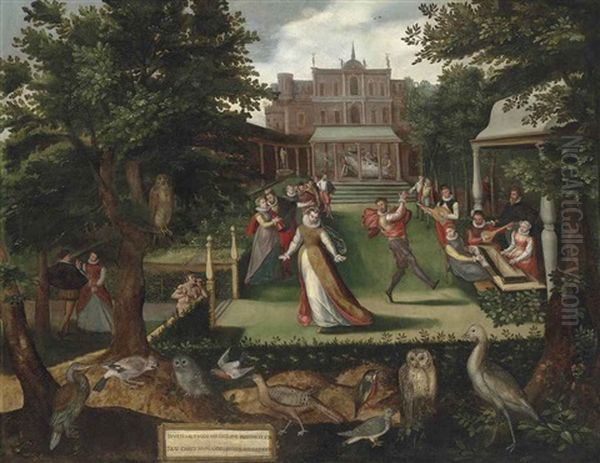 Elegantly Dressed Figures Merrymaking In A Garden Oil Painting by Joris (George) Hoefnagel