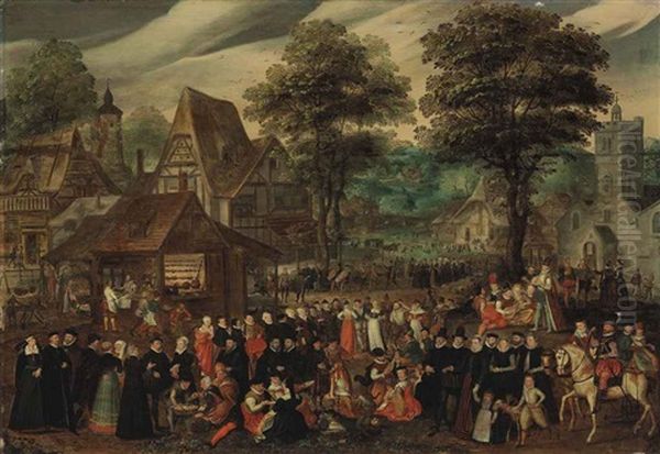 A Village Festival With Elegantly Dressed Figures In Procession, A River And Tower Beyond by Joris (George) Hoefnagel