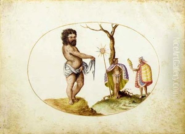 A Naked Savage Wearing Gold Earrings With Two Figures Draped In Feathered Capes Holding A Staff With Feathers And A Parrot: Allegory Of America Oil Painting by Joris (George) Hoefnagel